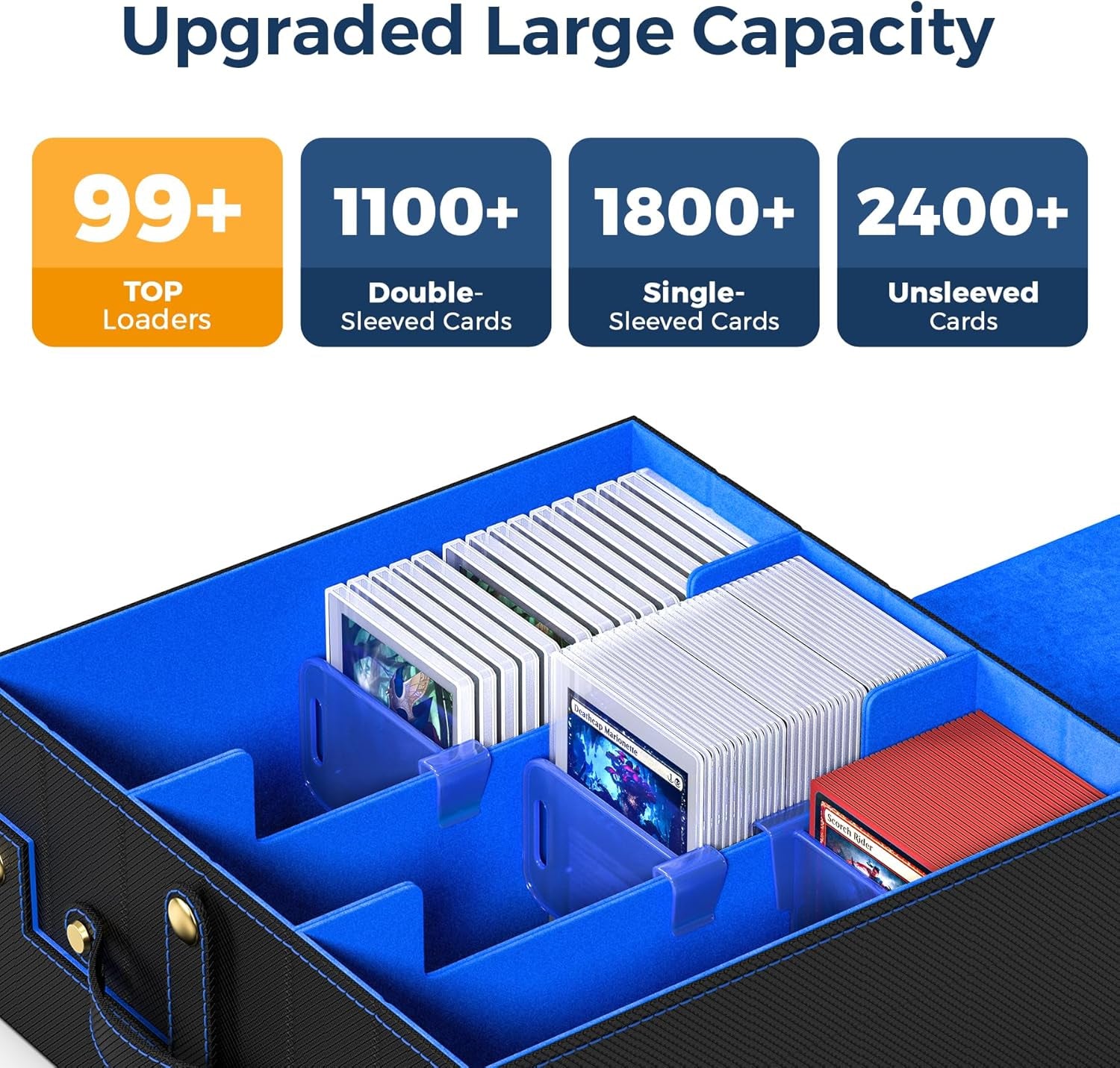 Card Deck Box for MTG with Small Case, 1800+ Commander Trading Card Storage Box with Portable Handle, Magnetic Deck Case Fits for Top Loader TCG, PTCG, Sports, Magic Cards, Black Blue