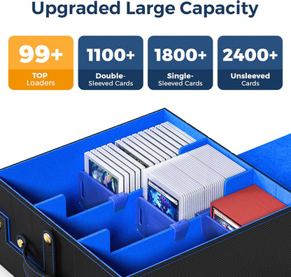 Card Deck Box for MTG with Small Case, 1800+ Commander Trading Card Storage Box with Portable Handle, Magnetic Deck Case Fits for Top Loader TCG, PTCG, Sports, Magic Cards, Black Blue