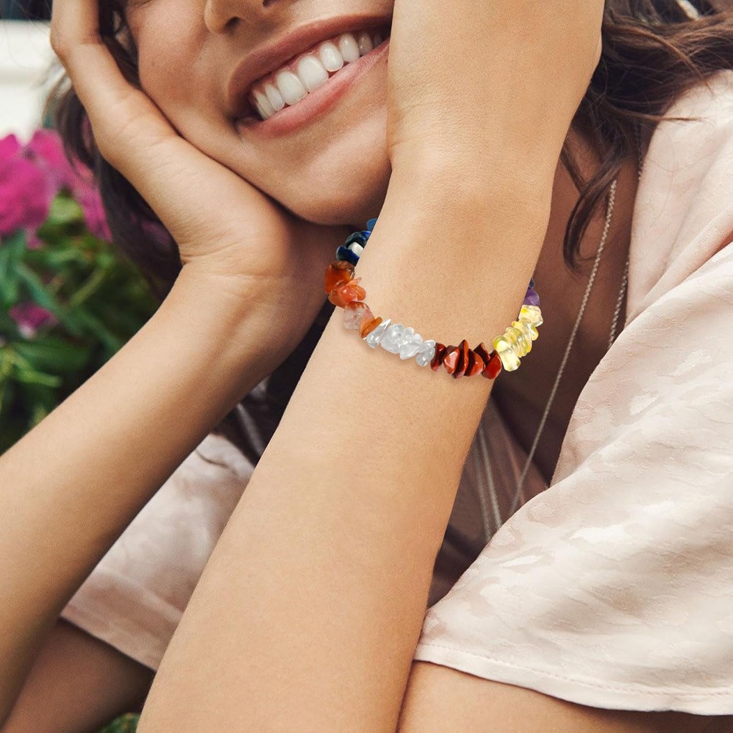 Handmade Natural Gemstone Bracelets Chakra Crystal Irregular Chips Beads Stretch Bracelets for Women Align Chakras/Conquer Fear/Increase Communication Reiki (Rainbow Stone)