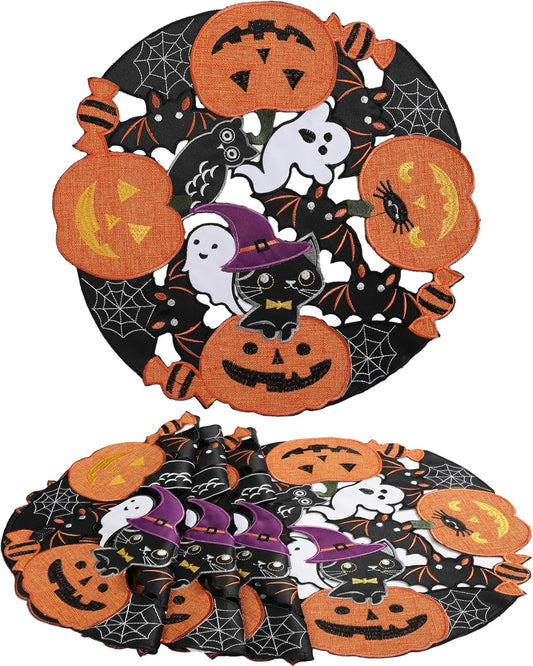 Halloween Placemats Set of 4, Embroidered Black round Placemats 15 Inches, Thanksgiving Fall Pumpkins Table Decorations for Kitchen & Dining Room, Gnomes Table Mats