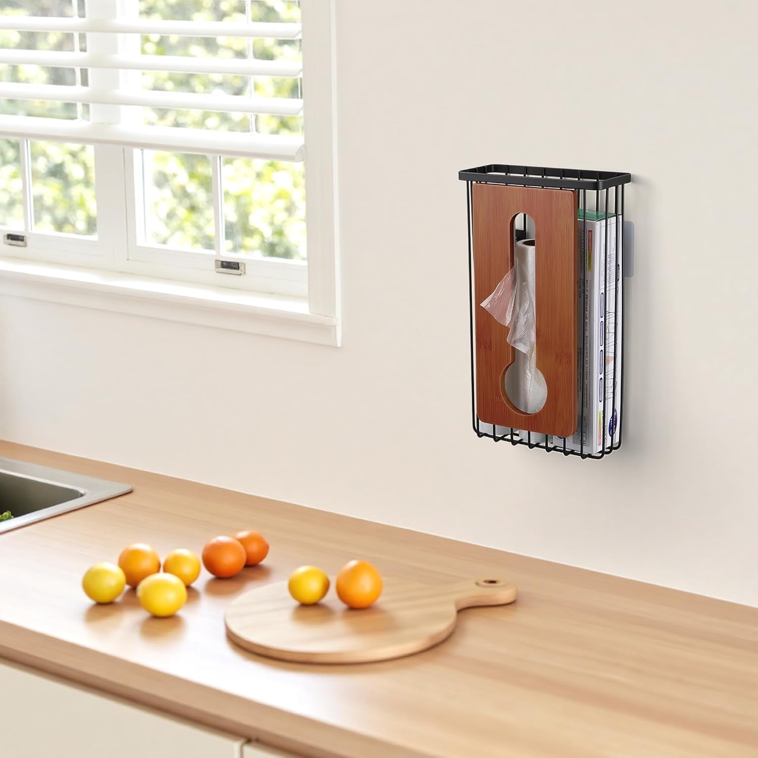 Plastic Grocery Bag Holder - Extra Large Trash Bag Dispenser Wall Mount with Mounting Accessories - Walnut Black Reusable Bags Storage Organizer for Kitchen, under Sink, Pantry, Garage