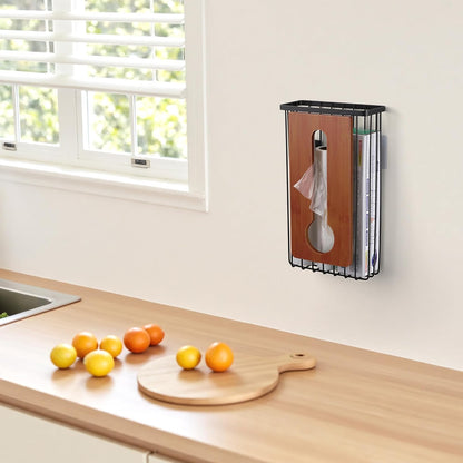 Plastic Grocery Bag Holder - Extra Large Trash Bag Dispenser Wall Mount with Mounting Accessories - Walnut Black Reusable Bags Storage Organizer for Kitchen, under Sink, Pantry, Garage