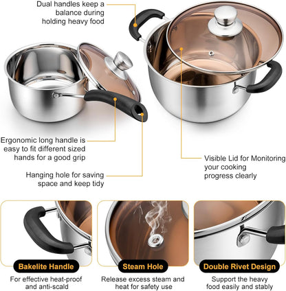 Saucepan and Stockpot Set, Stainless Steel Cooking Stock Pot with Lid, Good Cookware for Kitchen Cooking Boiling, Visible Lid & Heat-Proof Handle, Dishwasher Safe, 2QT & 4QT