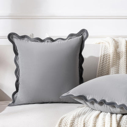 Set of 2 Grey Decorative Throw Pillow Covers 18X18 Inch with Scallop Edging for Couch Bed Sofa Indoors, Aesthetic Modern Farmhouse Home Decor, Soft Velvet Accent Gray Pillow Case 45X45 Cm