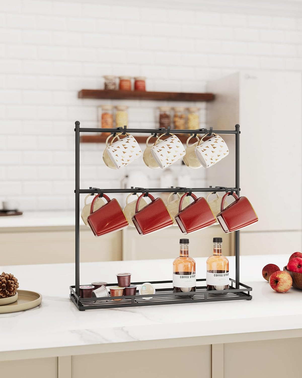 Coffee Mug Holder for Countertop, 14-Hook Mug Tree Rack for 14 Cups, 2 Tier Mug Display Stand with Heavy Duty Metal Base