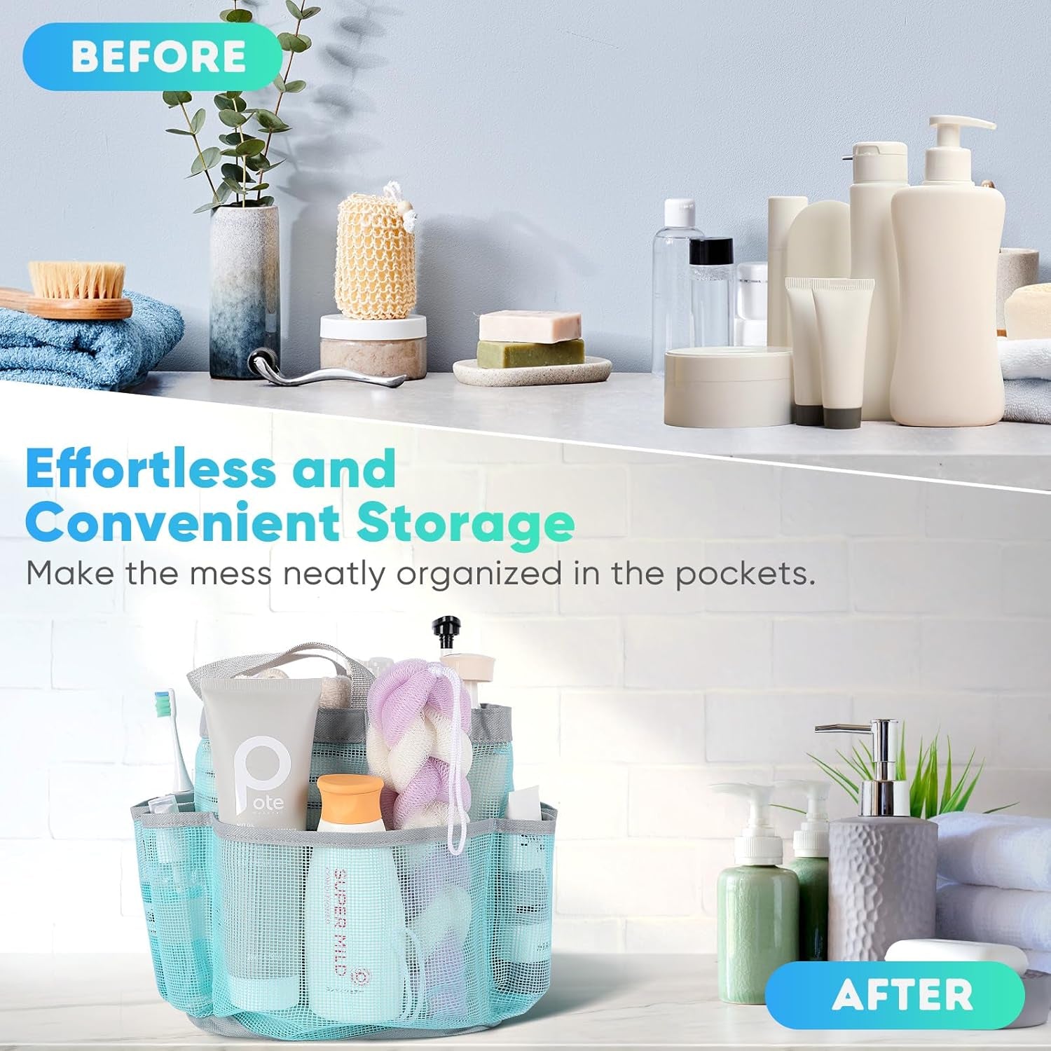 2 Pack Mesh Shower Caddy Portable for College Dorm Room Essentials, Shower Caddy Dorm with 8-Pocket Large Capacity,Shower Bag for Beach,Swimming,Gym