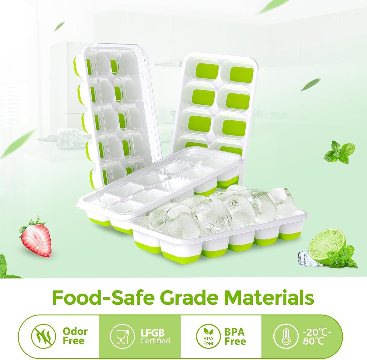 Ice Cube Trays 4 Pack, 40 Pcs Silicone Ice Cubes Tray Maker with Spill-Resistant Removable Lid, Easy Release & Pop Out, LFGB and BPA Free, Stackable Flexible, for Soup, Food, Cocktail, Coffee