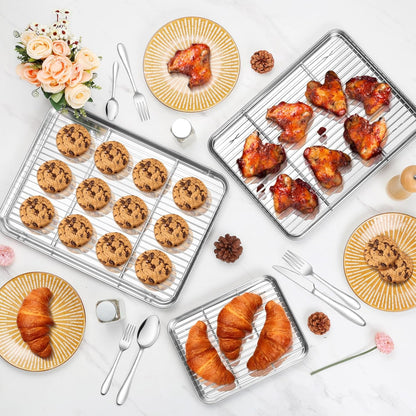 17.5 + 16 + 10.4 Inch Baking Sheets with Racks Set, Stainless Steel Baking Cookie Sheet Oven Pan and Cooling Rack, Healthy & Easy Clean, Oven & Dishwasher Safe, 3 Sizes & 6Pcs