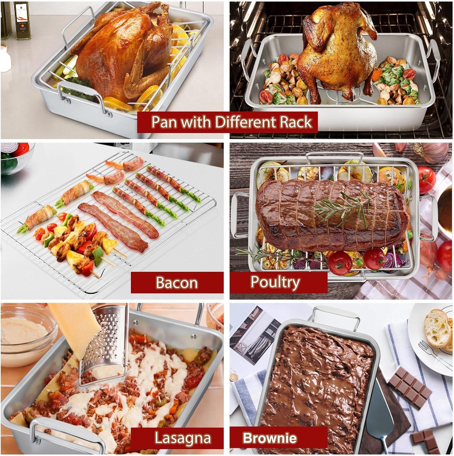Roasting Pan Set (8 PCS), 14 Inch Stainless Steel Turkey Roaster Pan, Flat & V-Shaped Roasting Racks & Beer Can Chicken Holder, Meat Claws & Tenderizer, Brush, Healthy & Heavy Duty