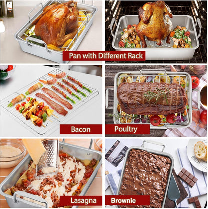 Roasting Pan Set (8 PCS), 14 Inch Stainless Steel Turkey Roaster Pan, Flat & V-Shaped Roasting Racks & Beer Can Chicken Holder, Meat Claws & Tenderizer, Brush, Healthy & Heavy Duty