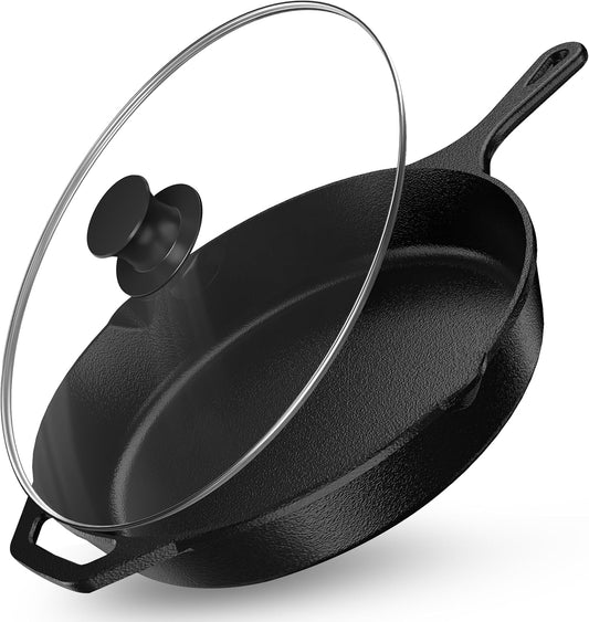 Saute Frying Pan 12 Inch, Cast Iron Chefs Pan, Pre Seasoned Cast Iron Skillet with Lid, Safe Grill Cookware for Indoor & Outdoor Use, Black
