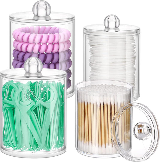 Qtip Holder Dispenser - 4 Pack 10Oz, 12Oz Clear Plastic Apothecary Jars Set - Restroom Bathroom Makeup Organizers Containers for Cotton Ball/Swab/Round Pads, Floss, Hair Ties, Bath Salt