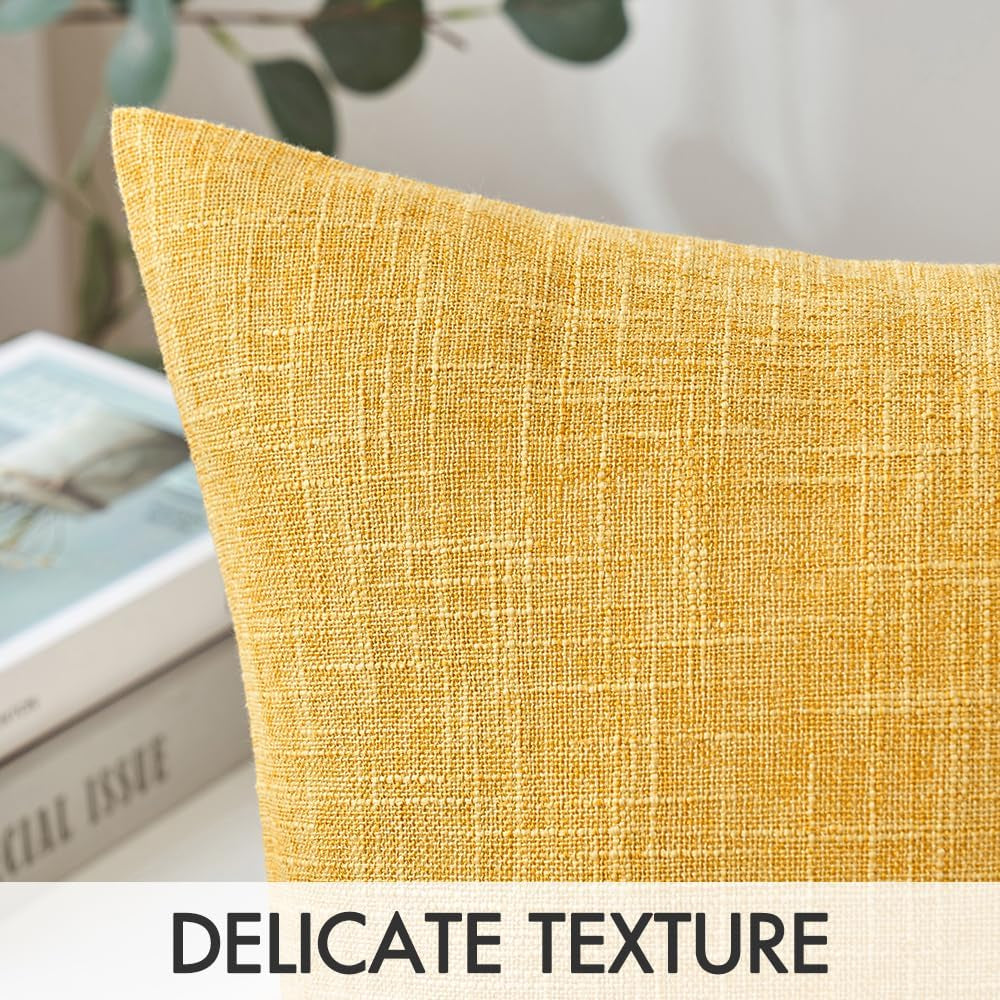 Pack of 2 Mustard Yellow Faux Linen Throw Pillow Covers Square Rustic Farmhouse Decorative Burlap Pillowcases Cushion Covers for Couch Bed Sofa Living Room 20X20 Inch