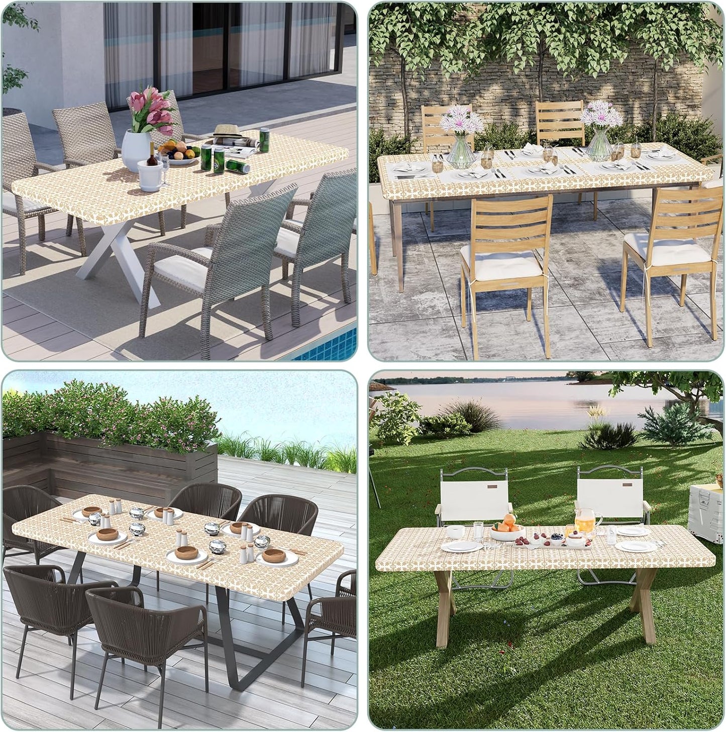 2 Pack 6 Foot Rectangle Picnic Tablecloth, Elastic Fitted Waterproof Table Cover, Windproof Washable Polyester Table Cloth for Camping, Indoor and Outdoor (Khaki, 30" X 72")