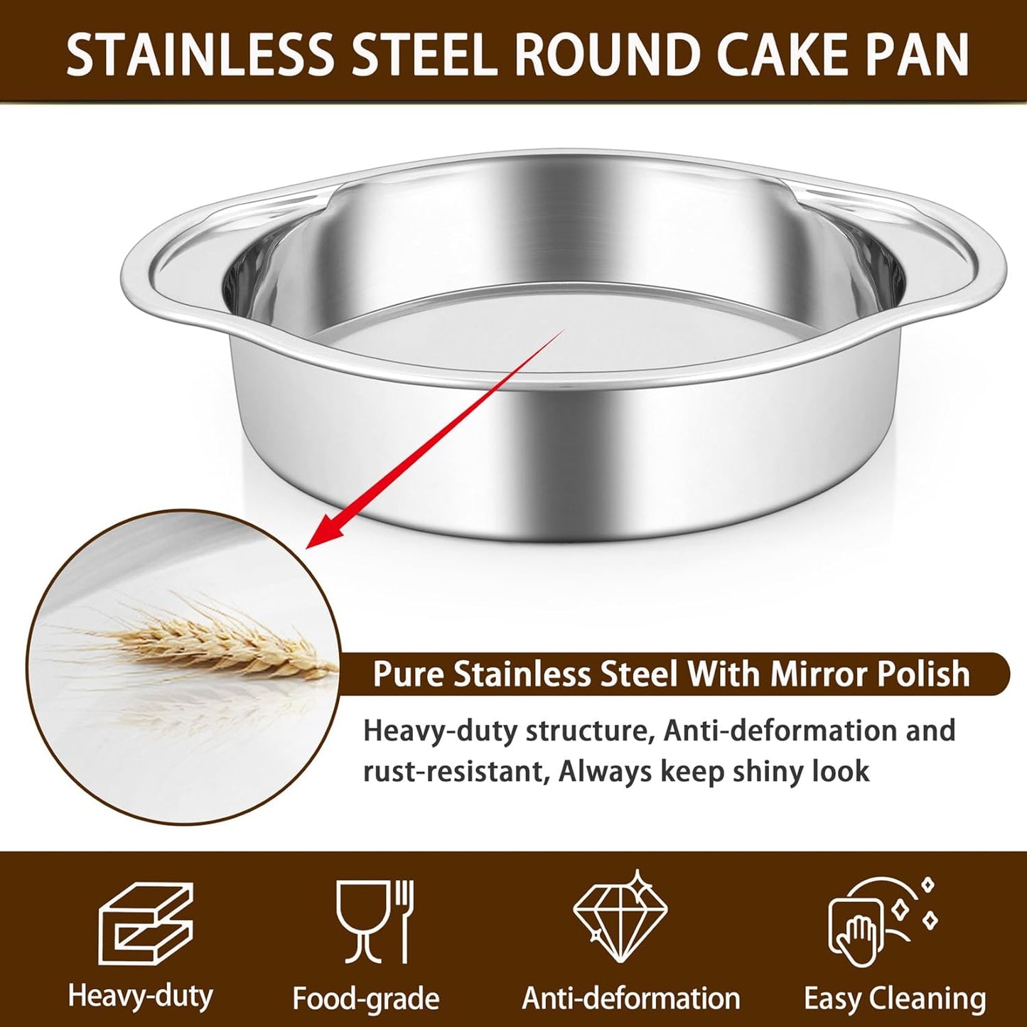 8 Inch Cake Pans Set for Baking, 3-Piece round Baking Pan with Handles, Stainless Steel Cake Tin for Birthday, One-Piece Design & Wider Handle, Dishwasher Safe & Heavy Duty, Silver