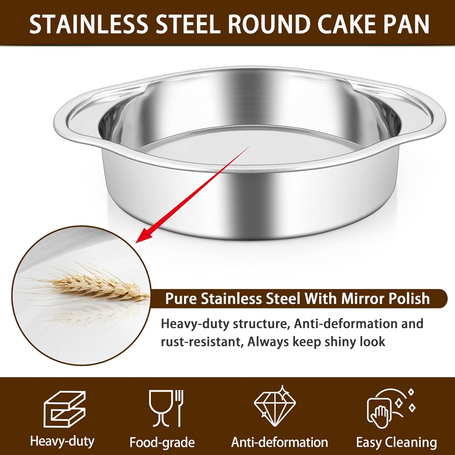 8 Inch Cake Pans Set for Baking, 3-Piece round Baking Pan with Handles, Stainless Steel Cake Tin for Birthday, One-Piece Design & Wider Handle, Dishwasher Safe & Heavy Duty, Silver