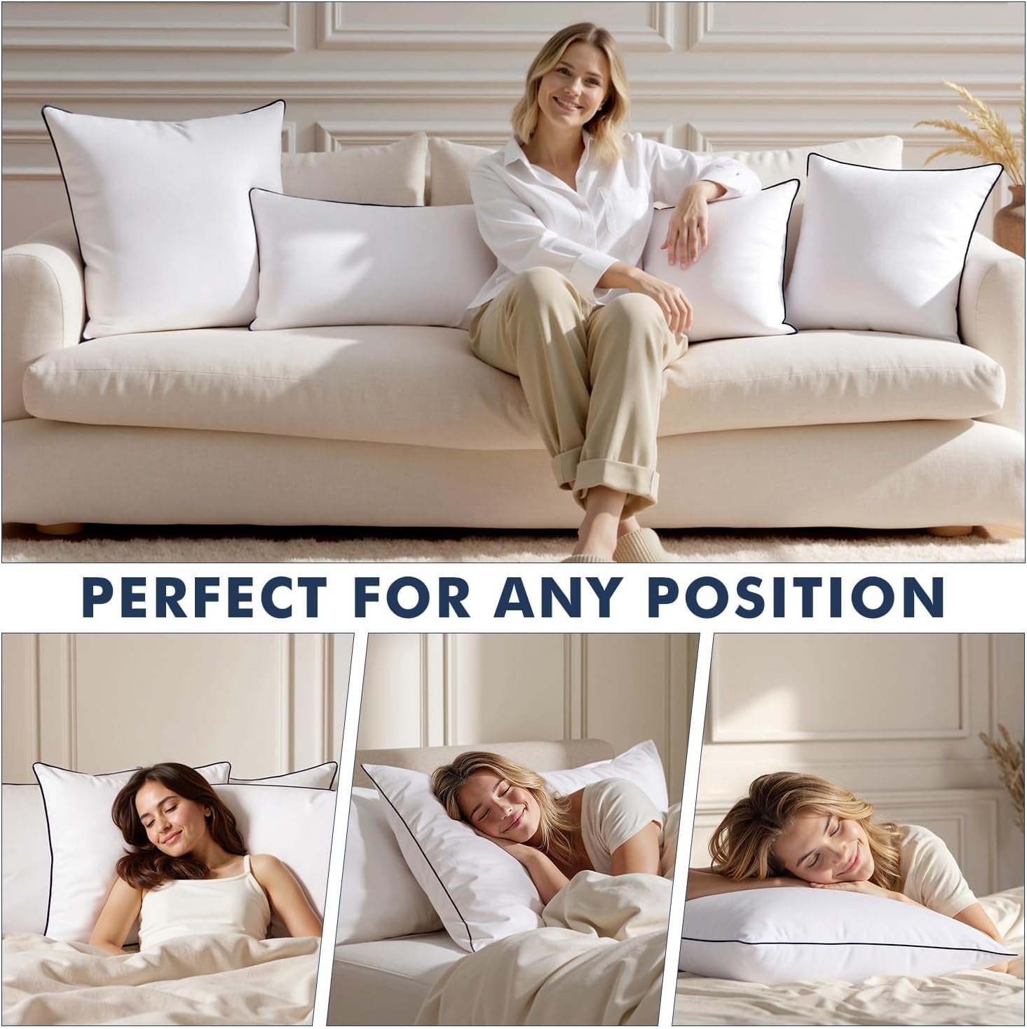 Goose Feather Down Pillow Insert Set of 2, 20x20 Inches, 100% Down-Proof Cotton Cover, Soft and Fluffy Decorative Pillows for Sofa, Bed, and Living Room, White