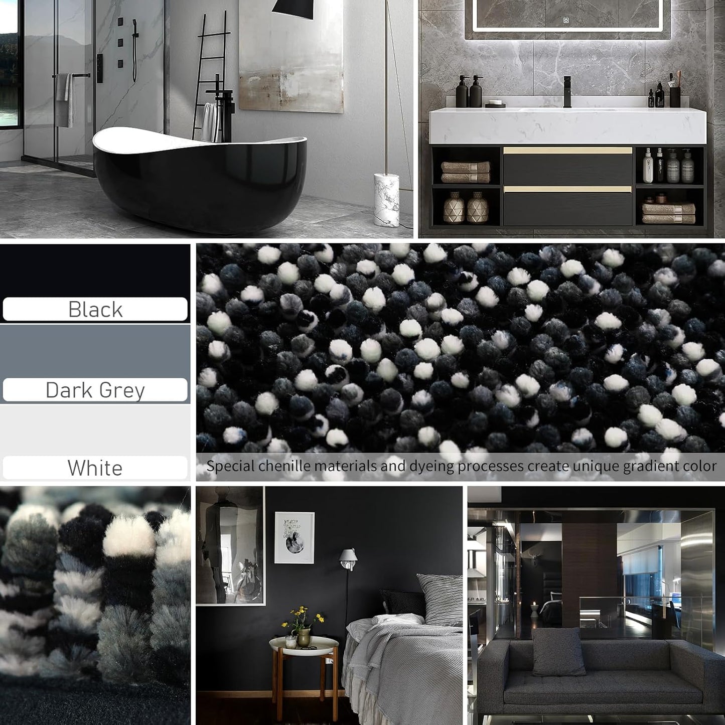 Bath Mats for Bathroom Non Slip, 28X17.5, Extra Soft Chenille Bathroom Rugs, Fluffy Plush Luxury Shower Mat Outside, Water Absorbent, Machine Washable, Black & Dark Gray