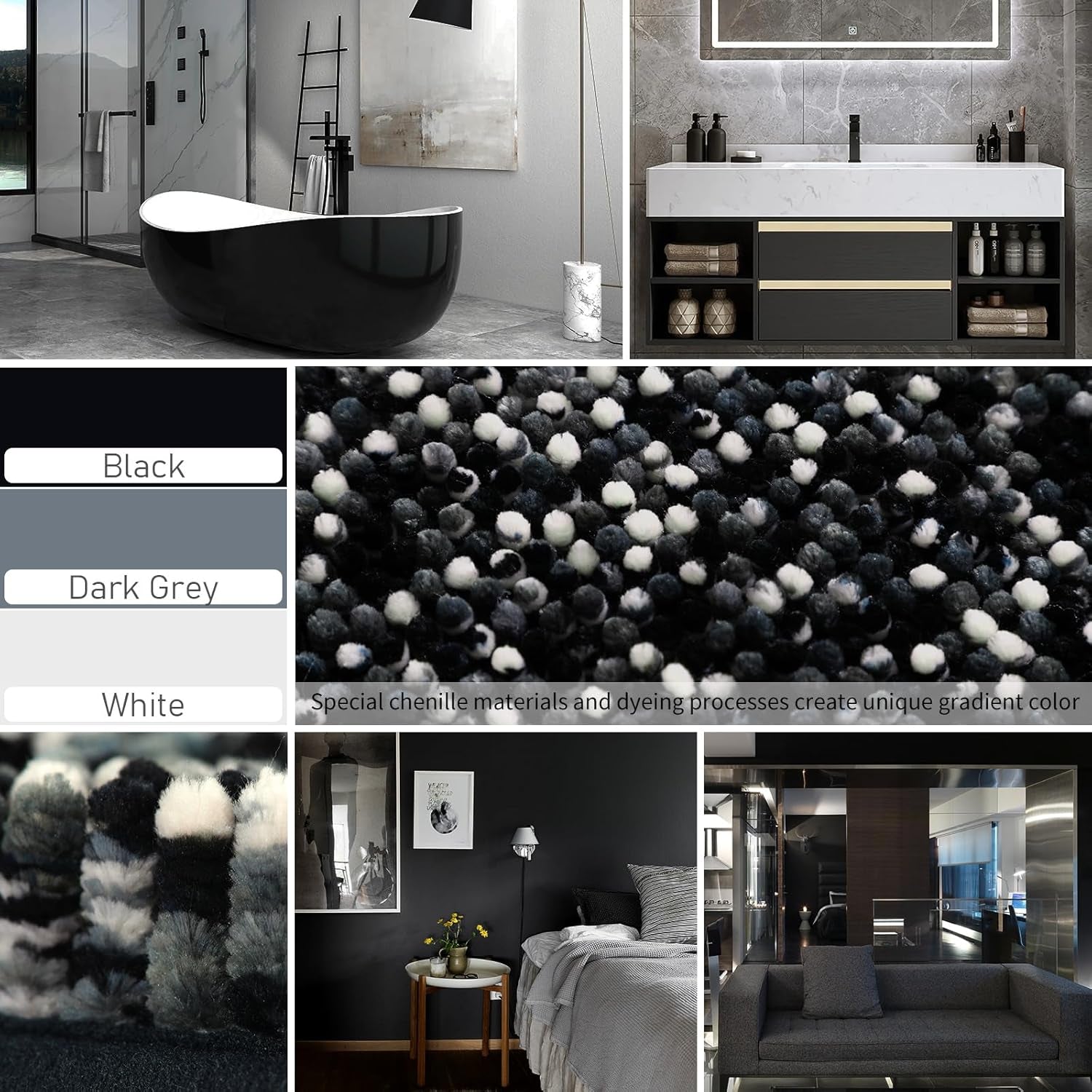 Bath Mats for Bathroom Non Slip, 28X17.5, Extra Soft Chenille Bathroom Rugs, Fluffy Plush Luxury Shower Mat Outside, Water Absorbent, Machine Washable, Black & Dark Gray