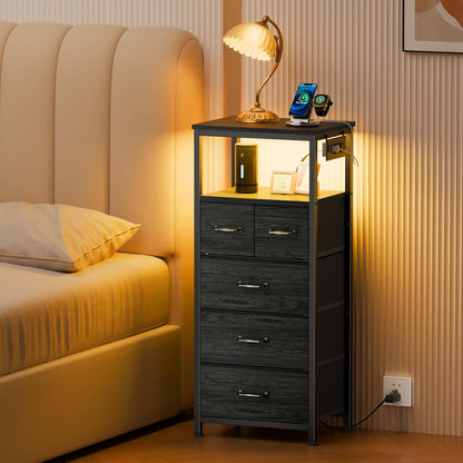 Elegant Black Oak Dresser and Nightstand with Charging Station, LED Lighting, and Fabric Bins - 5-Drawer Vertical Chest and Bedside Table for Bedroom and Entryway