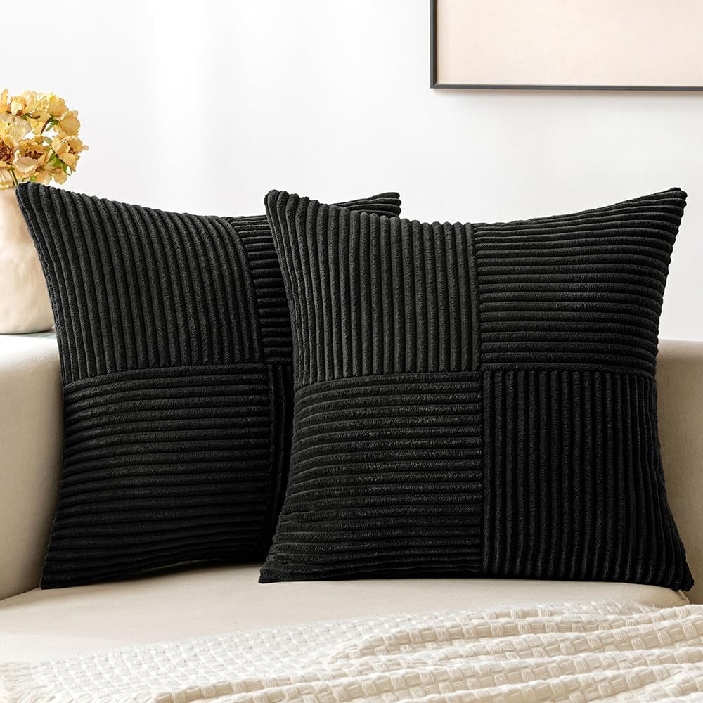 Black Corduroy Decorative Pillow Covers - Set of 2, 18x18 Inch Soft Solid Textured Cushion Covers with Cross Patchwork for Living Room and Sofa