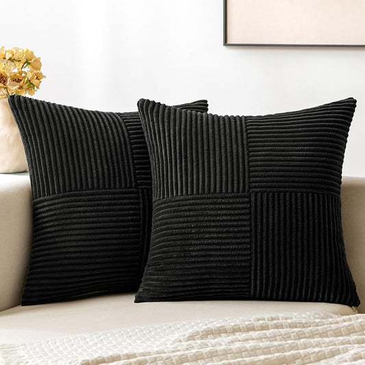 Black Corduroy Decorative Pillow Covers - Set of 2, 18x18 Inch Soft Solid Textured Cushion Covers with Cross Patchwork for Living Room and Sofa