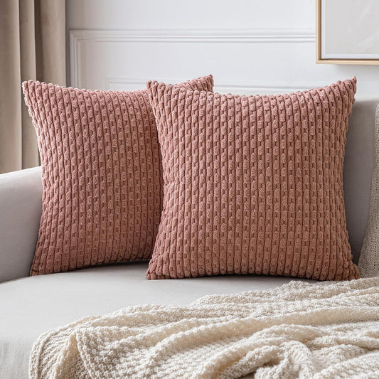 Throw Pillow Covers Soft Corduroy Decorative Set of 2 Boho Striped Pillow Covers Pillowcases Farmhouse Home Decor for Couch Bed Sofa Living Room 18X18 Inch Blush Pink
