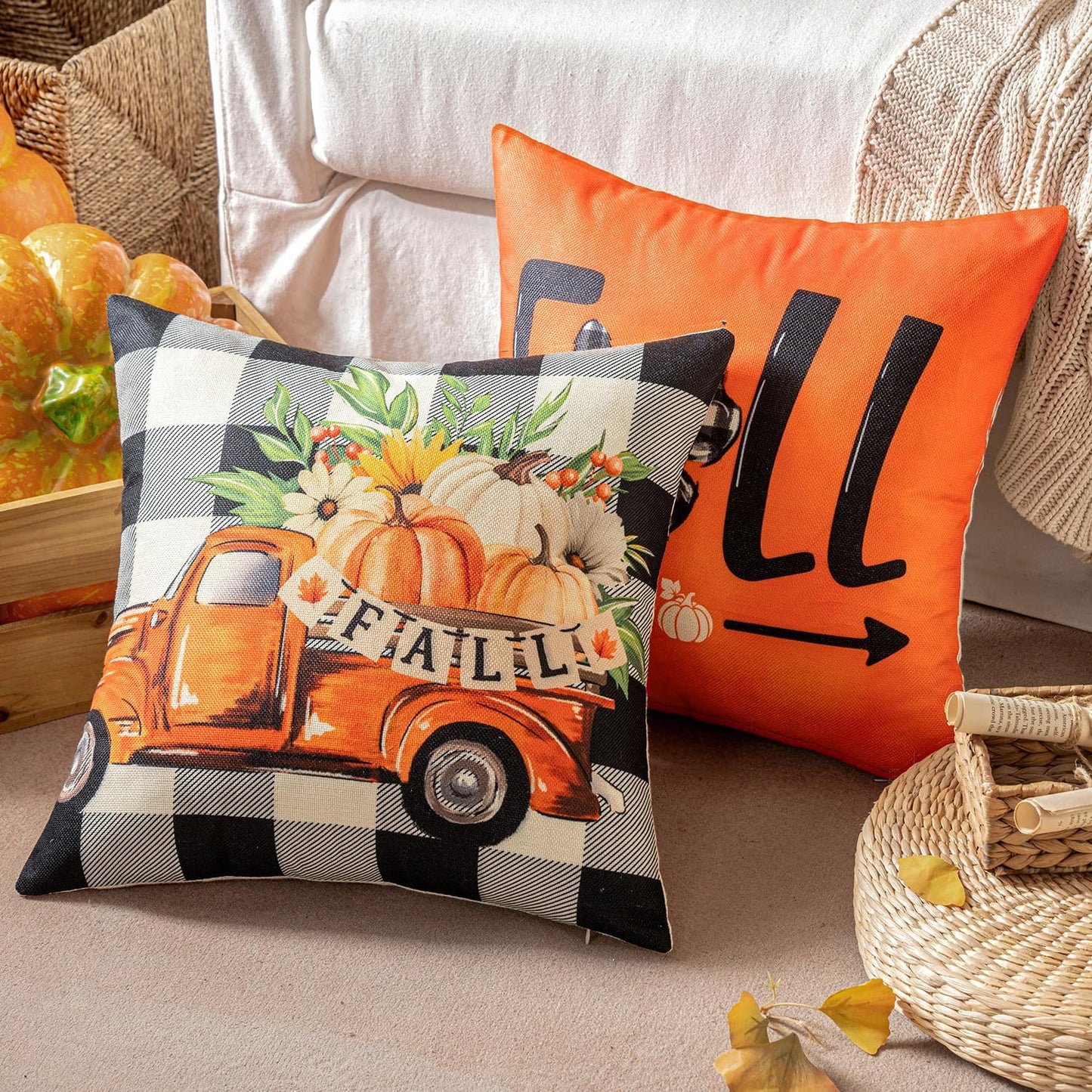 Fall Orange Throw Pillow Covers Buffalo Check Plaid Pumpkin Thanksgiving Harvest Decorations 18X18 Inch Autumn Gather Farmhouse Cushion Cases for Sofa Couch Set of 4