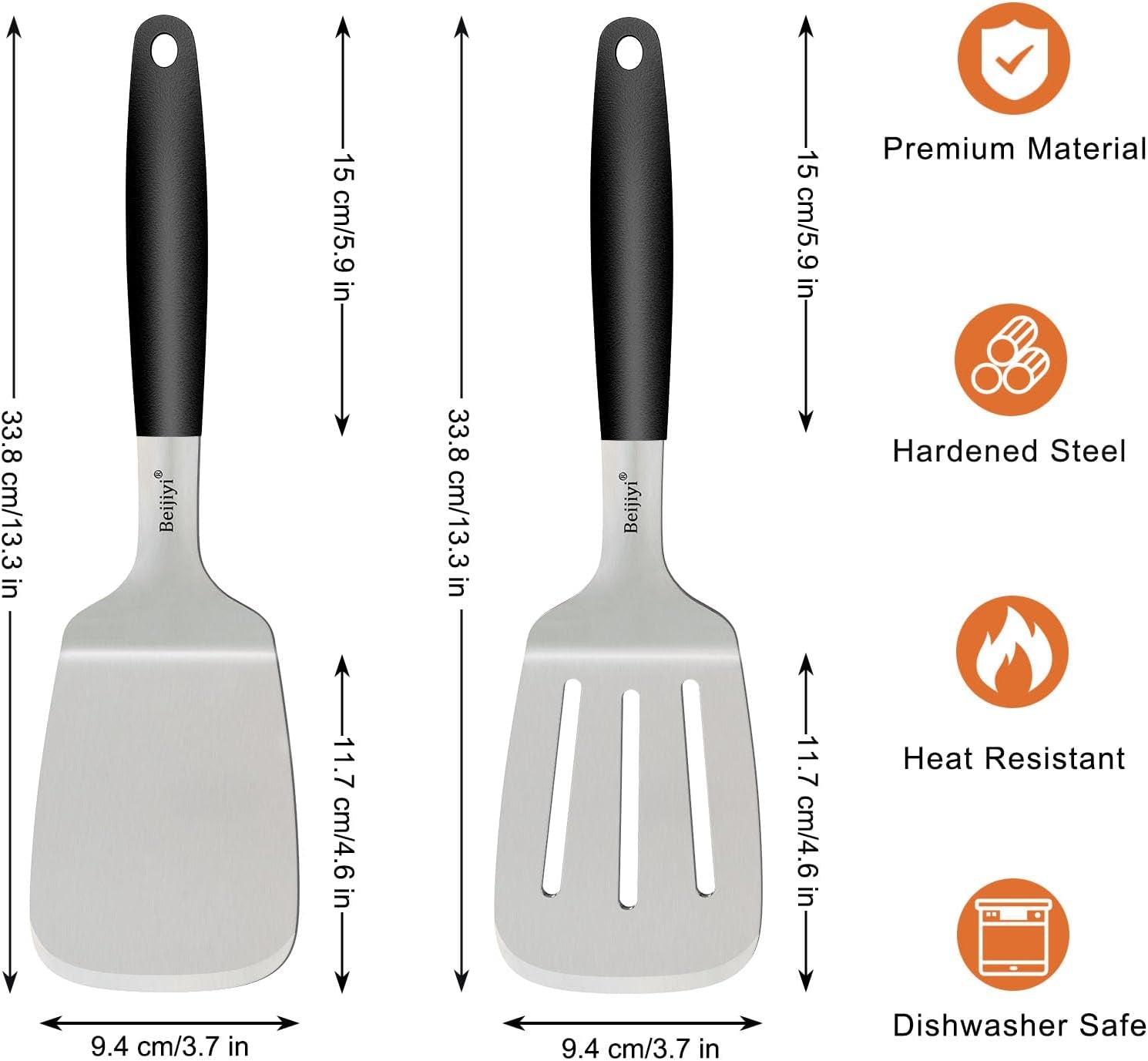 Stainless Steel Spatulas Set, Solid and Slotted Metal Turner Spatula for Cooking Cast Iron Skillet, Kitchen and Griddle Spatula with Full Tang Silicone Handle for Smash Burger, Pancake, Egg