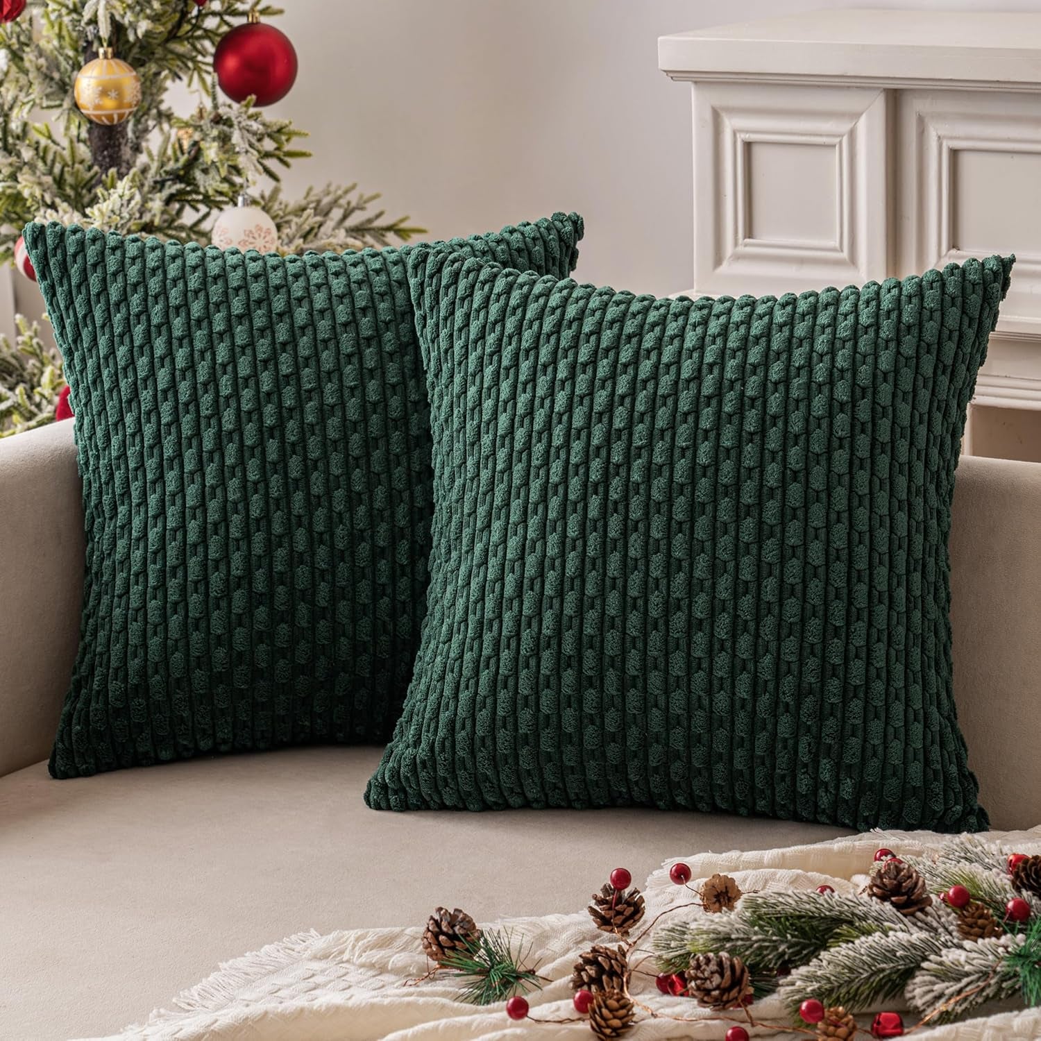 Christmas Army Green Throw Pillow Covers Soft Corduroy Decorative Set of 2 Boho Striped Pillow Covers Pillowcases Farmhouse Home Decor for Couch Bed Sofa Living Room 18X18 Inch