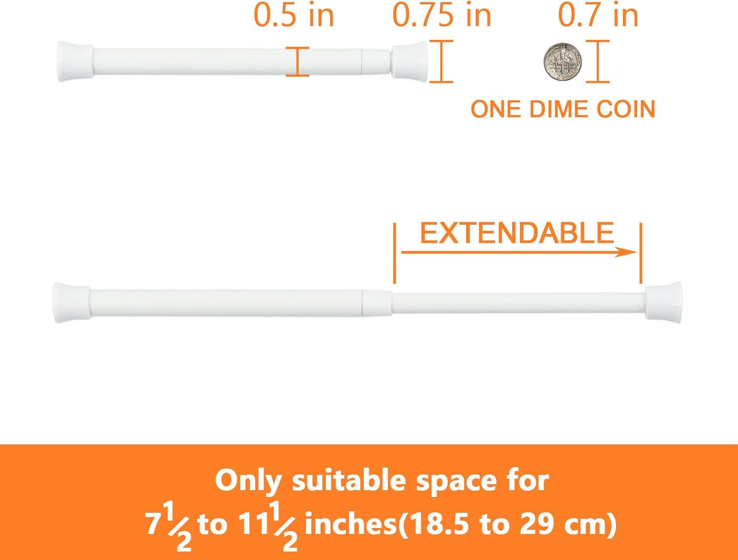 2 Pack Small Spring Tension Curtain Rod 7.5 to 11.5 Inch, Thin Tension Rod No Drill for Window Cupboard Closet, White