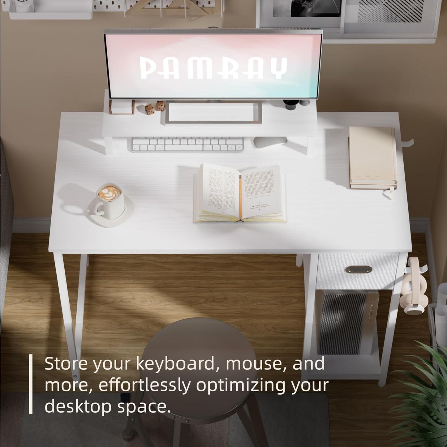 39 Inch Computer Desk with Monitor Stand Small Home Office Desks with Non-Woven Storage Drawer for Bedroom Study Table Writing and Work Desk White,White Leg