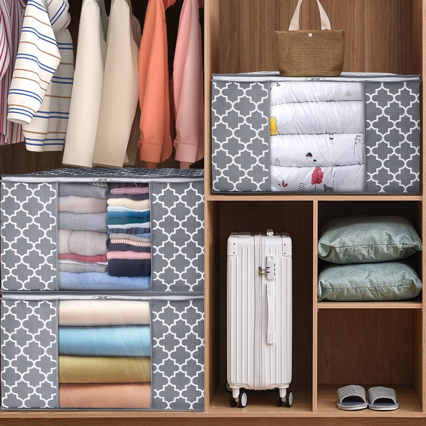 Storage Bags 100L 2-Pack Large Blanket Clothes Organization and Storage Containers for Bedding, Comforters, Foldable Organizer with Reinforced Handle, Clear Window, Sturdy Zippers, Light Grey