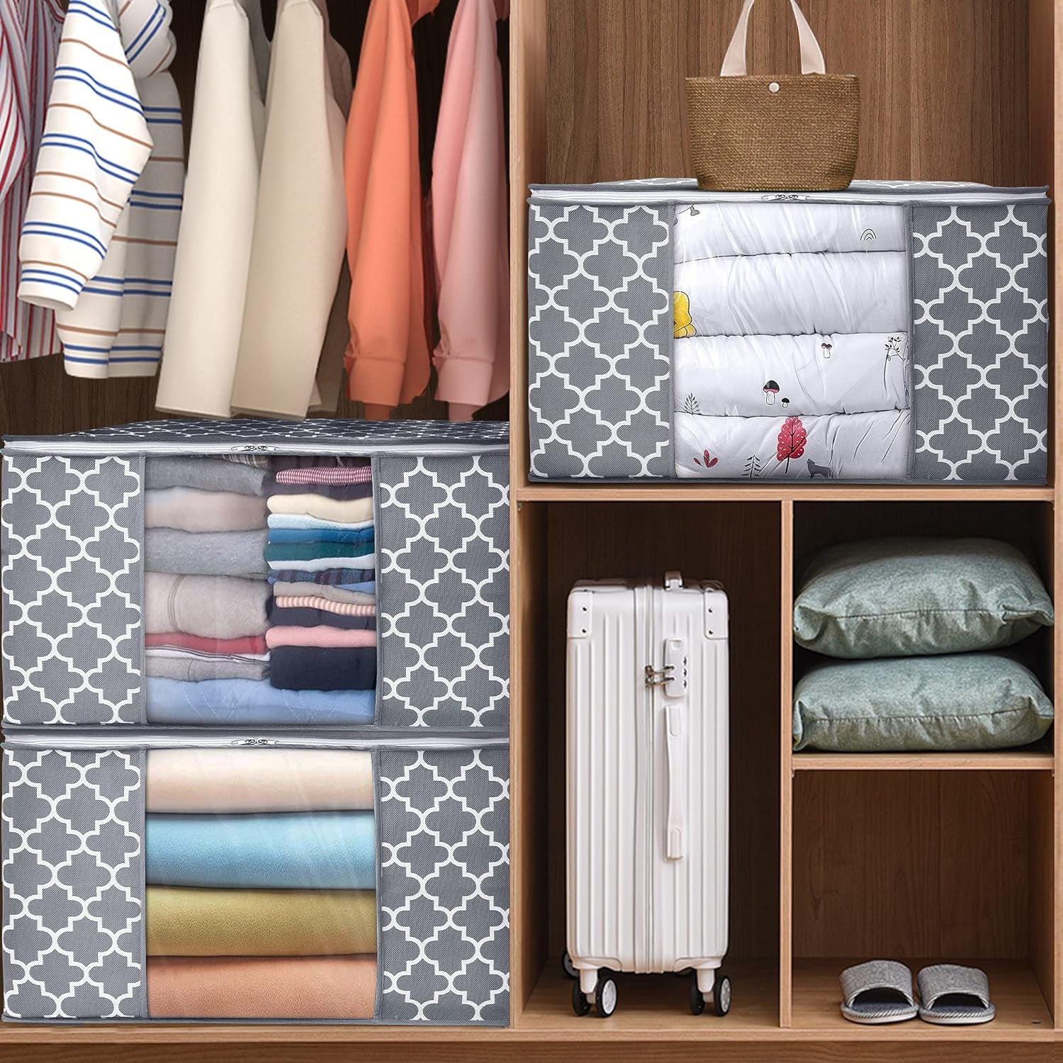 Storage Bags 100L 2-Pack Large Blanket Clothes Organization and Storage Containers for Bedding, Comforters, Foldable Organizer with Reinforced Handle, Clear Window, Sturdy Zippers, Light Grey