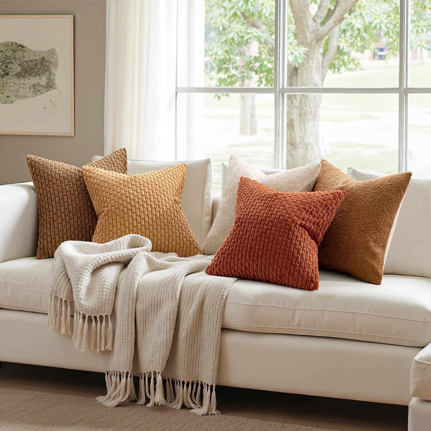 Fall Rust Throw Pillow Covers Soft Corduroy Decorative Set of 2 Boho Striped Pillow Covers Pillowcases Farmhouse Home Decor for Couch Bed Sofa Living Room 18X18 Inch