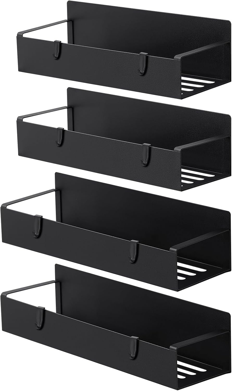 Magnetic Spice Rack for Refrigerator，Fridge Organizer for Kitchen Organization and Storage, 4 Pack (Black) Metal Shelf with 8 Moveable Hooks