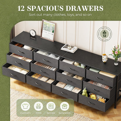 70-Inch Black Dresser and TV Stand for 65-80 Inch TVs with 12 Fabric Drawers - Wide Storage Chest for Bedroom and Living Room