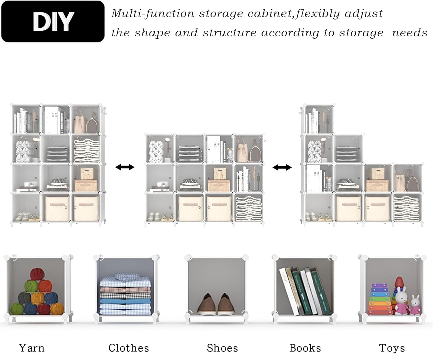 Cube Storage Closet Organizer 12 Cube Storage Shelves with Doors Closet Organizers and Storage Stackable Clothes Organizer for Bedroom, Home Office, White