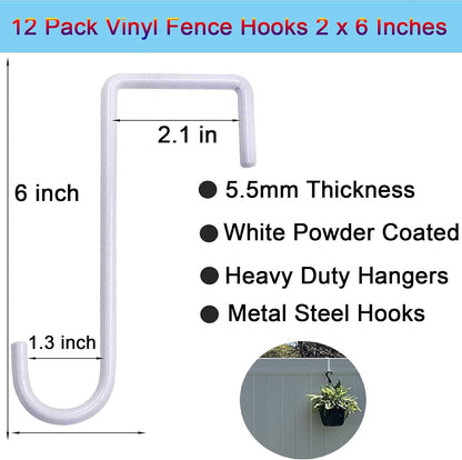 12-Pack Vinyl Fence Hangers - 2 x 6 Inch Patio Light Hooks, White Powder Coated Steel for Hanging Plants, Planters, Bird Feeders, and Lights