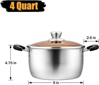 Stockpot with Lid, Stainless Steel Cooking Stock Pot for Soup, Heat-Proof Double Handles with Visible Lid, Dishwasher Safe & Healthy, 4 Qt