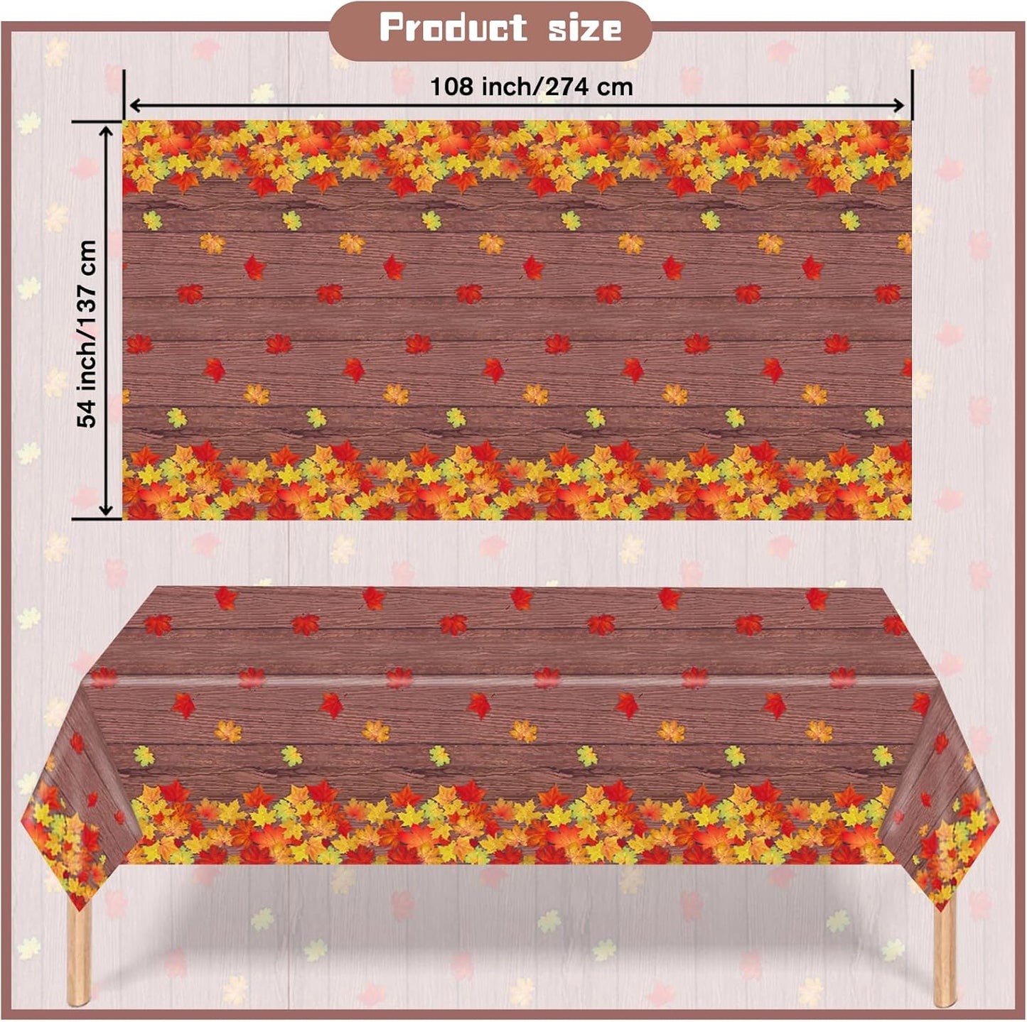 3 Pack Fall Wood Grain Maple Leaves Tablecloth 54 X 108 Inch Thanksgiving Party Tablecovers Disposable Waterproof Plastic Autumn Harvest Theme Table Cloth Rectangle for Dinner Home Table Decor