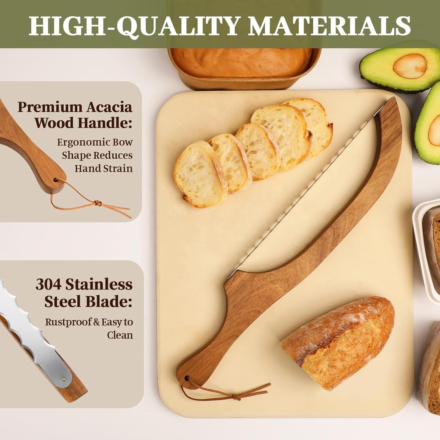 Serrated Bread Knife with Accessories - 15.7" Acacia Wood Bow, Double Serrated Stainless Steel Blades, Sourdough Bread Knife for Homemade Bread Sourdough, Bagels, Baguettes, Cheese, Fruit, Cake