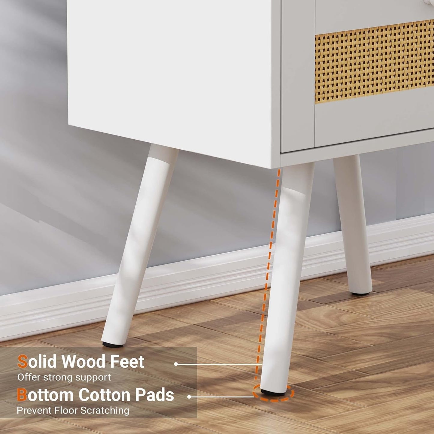 Elegant Nightstand with Integrated Charging Station and Rattan-Inspired Drawer, Solid Wood Leg End Table with Open Storage for Bedroom, Living Room, and Dormitory - White