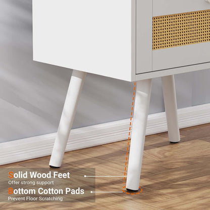 Elegant Nightstand with Integrated Charging Station and Rattan-Inspired Drawer, Solid Wood Leg End Table with Open Storage for Bedroom, Living Room, and Dormitory - White