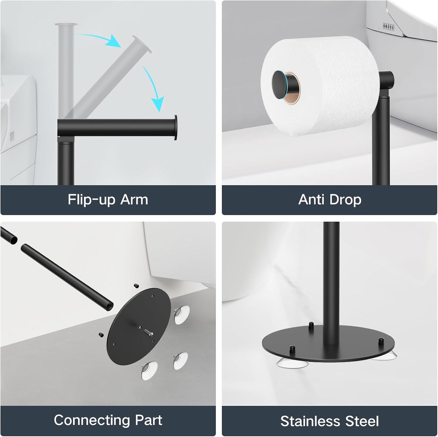 Suction Cup Toilet Paper Holder Stand Free Standing Toilet Paper Holder with Suction Cups, Stainless Steel Toilet Paper Storage for Bathroom, Weighted Base, Black