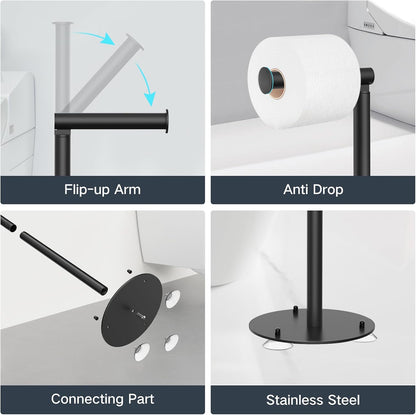 Suction Cup Toilet Paper Holder Stand Free Standing Toilet Paper Holder with Suction Cups, Stainless Steel Toilet Paper Storage for Bathroom, Weighted Base, Black