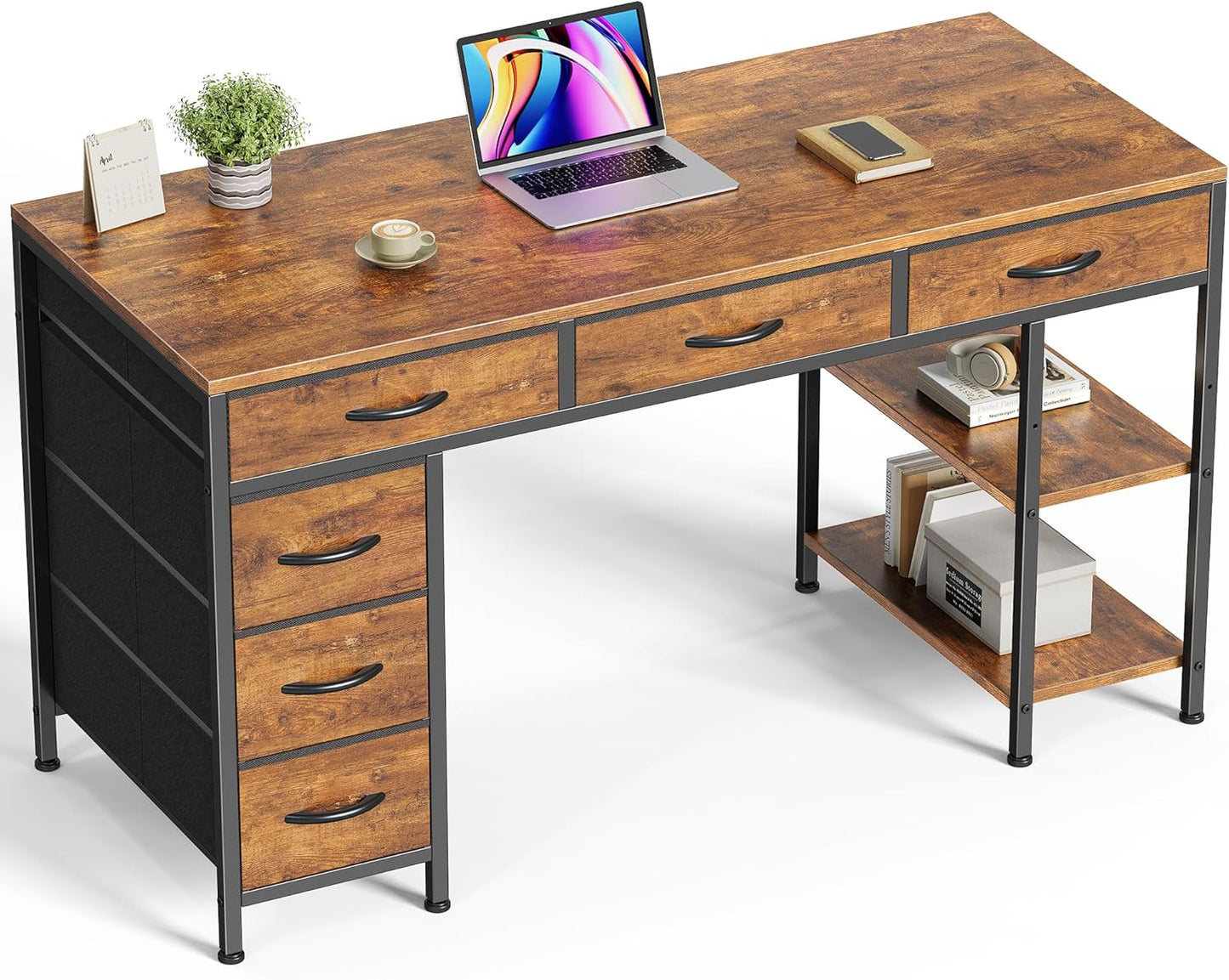 47-Inch Rustic Brown Computer Desk with 6 Drawers and Shelves, Reversible Corner Gaming Desk for Home Office, Study, and Living Room