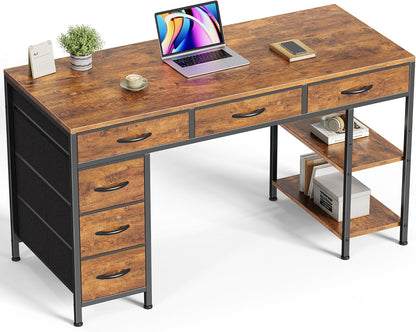 47-Inch Rustic Brown Computer Desk with 6 Drawers and Shelves, Reversible Corner Gaming Desk for Home Office, Study, and Living Room