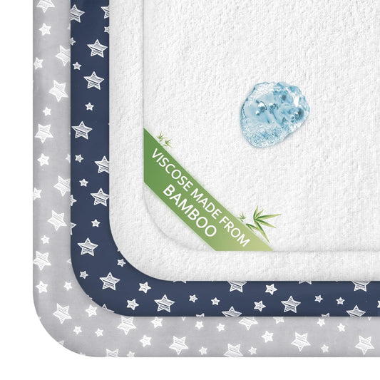 Pack and Play Sheets & Waterproof Terry Pack N Play Mattress Protector Pad Cover 4 Pack, Viscose Terry Pack N Play Sheets Set, Grey & Navy