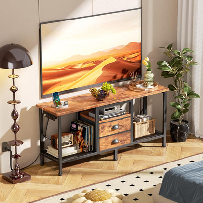 TV Stand with Power Outlets and 2 Fabric Drawers, 42 Inch Small Entertainment Center with Open Storage Shelves, Simple TV Console Table for Bedroom, Living Room, Rustic Brown
